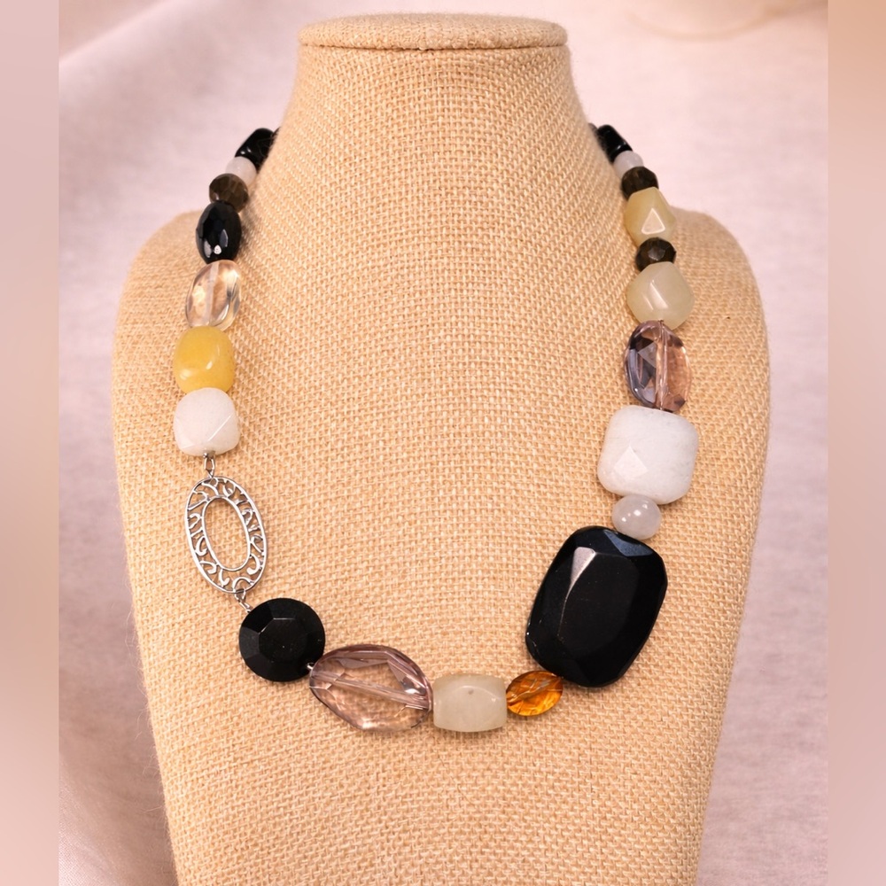 LIA SOPHIA 16" Mixed Bead Statement Necklace Black Cream Amber Silver Tone